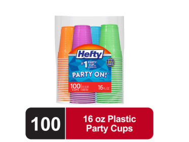 Hefty Party On Disposable Plastic Cups, Assorted Colors, 16 oz, 100 Count