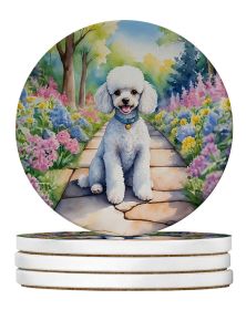White Poodle Spring Path Large Sandstone Coasters Pack of 4 Absorbent Round Coasters Decor Gifts for Men or Women, 4 in, Multicolor