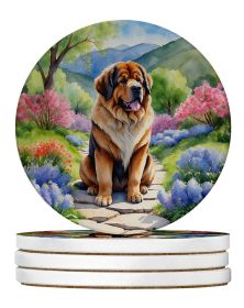 Tibetan Mastiff Spring Path Large Sandstone Coasters Pack of 4 Absorbent Round Coasters Decor Gifts for Men or Women, 4 in, Multicolor
