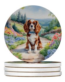 Cavalier Spaniel Spring Path Large Sandstone Coasters Pack of 4 Absorbent Round Coasters Decor Gifts for Men or Women, 4 in, Multicolor