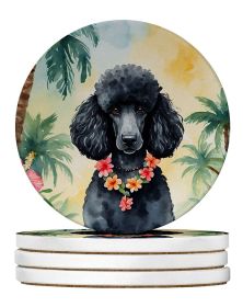 Black Poodle Luau Large Sandstone Coasters Pack of 4 Absorbent Round Coasters Decor Gifts for Men or Women, 4 in, Multicolor
