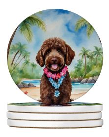 Labradoodle Luau Large Sandstone Coasters Pack of 4 Absorbent Round Coasters Decor Gifts for Men or Women, 4 in, Multicolor